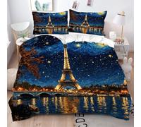 Fotmung Funda Nordica Cama 90 Infantil Torre Eiffel Azul con Estrellas, Juego de Funda de Edredón 150x200 en Microfibra, Fundas de Edredón con Cierre de Cremallera y 2 Funda de Almohada 50x75 cm-A141