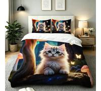Fotmung Fundas Nordicas Cama 105 Infantil Gato Hongos Animado, 3 Piezas Juego de Funda de Edredón 200x200 con Cremallera para Cama de Microfibra y 2 Funda de Almohada 50x75 cm-E3