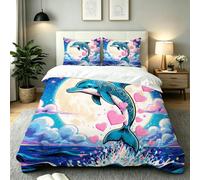 Fotmung Juego de Cama 150x200 Delfín Corazón Luna, Conjunto de Ropa de Cama 3 Piezas, Incluye 1 Funda de Edredón + 2 Fundas de Almohada, Lavable a Máquina, Suave al Tacto, Fácil de Cuidar-E56