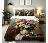 Fotmung Juego de Cama 150x200 Flores Óleo, Conjunto de Ropa de Cama 3 Piezas, Incluye 1 Funda de Edredón + 2 Fundas de Almohada, Lavable a Máquina, Suave al Tacto, Fácil de Cuidar-E164