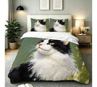 Fotmung Juego de Cama 150x200 Gato Verde Óleo, Conjunto de Ropa de Cama 3 Piezas, Incluye 1 Funda de Edredón + 2 Fundas de Almohada, Lavable a Máquina, Suave al Tacto, Fácil de Cuidar-E152