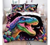 Fotmung Sábana 200x200 cm Dinosaurio con Flores De Colores, Incluye 1 Funda de Edredón + 2 Fundas de Almohada, con Estampado 3D de Doble Cara, Resistente al Descoloramiento y Manchas-A190