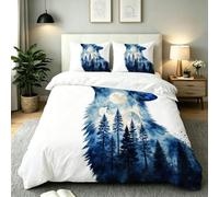 Fotmung Sábana 200x200 cm Lobo Azul Bosque, Incluye 1 Funda de Edredón + 2 Fundas de Almohada, con Estampado 3D de Doble Cara, edoso al Tacto, Resistente al Descoloramiento y Manchas-E246