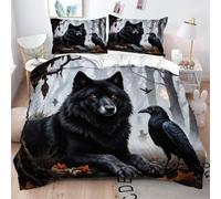 Fotmung Sábana 200x200 cm Lobo Y Cuervo Negro, Incluye 1 Funda de Edredón + 2 Fundas de Almohada, con Estampado 3D de Doble Cara, edoso al Tacto, Resistente al Descoloramiento y Manchas-A338