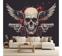 Foto Mural Calavera Alas Revólver Gótico Fotomural, Murales Decorativos Pared, Fotomurales 3D Papel Tapiz Fotográfico Mate Papel Pintado Pared Dormitorio Para Salon Habitación infantil 250x175 cm