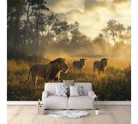 Foto Murale LeóN Pradera Impresión 3D Papel Pintado Pared Animal Murales de Pared Tejido no Tejido Sin Reverso Adhesivo Poster Fácil de instalar Limpiar Ideal para Comedor Dormitorio 300x210 cm