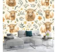 Foto Papel Pintado Mural Póster Arte De La Pared Decoración De La Pared Estilo Acuarela Vaca De Las Highlands Flores Silvestres - Cuadros De Pared Autoadhesivos Para Sala De Estar, Ofi 200 x 140 cm