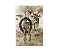 Fotografía artística de granja, decoración, un niño en un columpio de neumático y vaca, foto de granja, fotografía en blanco y negro, póster decorativo de pared, lienzo y póster de pared e imagen