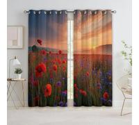 Fotografía Atardecer Campo De Amapolas Cortinas Opacas 140An x 245Al cm, Salon Dormitorio Decoración De La Ventana Color Naranja Cortinas Ollaos Aislantes Frio Y Calo niños niñas Ventana Dormitorio