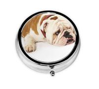 Fotografía De Bulldog Inglés De Bulldog Triste Y Cansado Con Crema Marrón, Pastillero, Pastillero redondo Pequeño contenedor de pastillas Organizador de pastillas de viaje