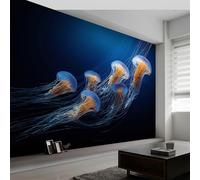 Fotografía Marina Papel Pintado Efecto 3D 500 x 280 cm, Papel tapiz fotográfico Animales Medusas Azul Oscuro Fotomurales Pared Tejido No Tejido Moderna Decoración De Pared Sala Cuarto Oficina Salón