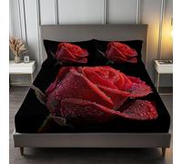 Fotografía Rosas Gotas Rocío Texturas Sábana Bajeras Ajustables, Microfibra Sábana Bajera 90 x 190 cm, Negro Juego de ropa de cama Adecuada para Un Colchón con Una Altura de 30cm con Funda de Almohada