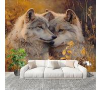 Fotográfico 3D HD No Tejido Bosque Animales Lobo Pintura Al óLeo ExtraíBle Papel Pintado Fotomural 300×210 cm Amarillo Resistente al agua y a las manchas Fácil Instalación Murales Panorámicos