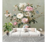 Fotográfico 3D HD No Tejido Naturaleza Muerta Con Flores Y PáJaros ExtraíBle Papel Pintado Fotomural 250×182 cm Verde Claro Resistente al agua y a las manchas Fácil Instalación Murales Panorámicos
