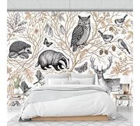 Fotomural 3D Bosque De Líneas Naturales, Papel Pintado Panorámico De Búho Retro Ciervo Crema, Decoración Moderna Para Salón Dormitorio Oficina, Mural De Pared Grande 350X256Cm (W X H)