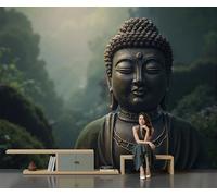 Fotomural 3D Estatua Antigua De Bronce Del Bosque, Papel Pintado Tejido No Tejido De Verde Oscuro Paisaje Zen Retro, Decoración Moderna Para Salón Dormitorio, Mural De Pared Grande 450X315Cm (Wxh)