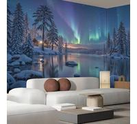 Fotomural Aurora Lake Winter Forest Landscape Efecto 3D, Papel pintado para Murales de Pared Salón Dormitorio Decoración Fotomural Rincón Azul Profundo, 200cm x 140cm