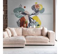Fotomural Con Motivo Abstracto De Pájaros Y Flores Sobre Fondo Neutro - Bun