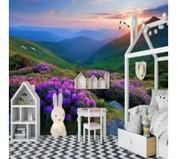 Fotomural con un mar de flores y plantas en efecto 3D, puesta de sol y montañas, papel pintado multicolor no tejido para salón, dormitorio, fondo de TV, 250 cm x 175 cm. Adhesivos - Cuadro sin marco -