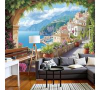 Fotomural de arquitectura mediterránea, pueblo costero, paisaje floral con efecto 3D, color beige. Para salón o dormitorio. Papel pintado no tejido, revestimiento de pared, 430 cm x 300 cm. Adhesivos