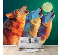 Fotomural de Pared Animales Salvaje Manada De Lobos Luna 350 x 256 cm - Papel Pintado Tejido no Tejido (TNT) con Efecto 3D, Mural Decorativo para Salón, Dormitorio y Comedor - Verde