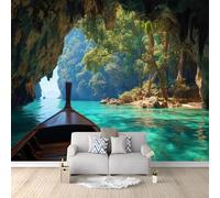 Fotomural de Pared Costa Marítimo Viajes Cueva Barco Vacaciones 200 x 140 cm - Papel Pintado Tejido no Tejido (TNT) con Efecto 3D, Mural Decorativo para Salón, Dormitorio y Comedor - Verde Salvia