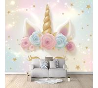 Fotomural de Pared Dibujos Animados Unicornios Flores Magia Diversión 350 x 256 cm - Papel Pintado Tejido no Tejido (TNT) con Efecto 3D, Mural Decorativo para Salón, Dormitorio y Comedor - Blanco