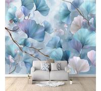 Fotomural de Pared Estilo Chino Tinta Pétalos Ginkgo Zen Azul Marino 250 x 175 cm, Papel Pintado Mural (TNT) para Decoración de Interiores, Salones y Dormitorios