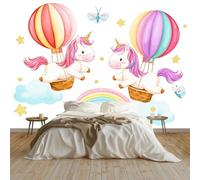 Fotomural de Pared Infantil Unicornio Globo Arcoíris Nubes Hadas Blanco Puro 200 x 140 cm, Papel Pintado Mural (TNT) para Decoración de Interiores, Salones y Dormitorios