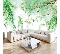 Fotomural de Pared Naturaleza Sauce Llorón Flores Ramas Aves Verde Salvia 350 x 256 cm, Papel Pintado Mural (TNT) para Decoración de Interiores, Salones y Dormitorios