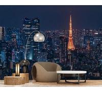 Fotomural de Tokio con el horizonte de la ciudad de noche, ideal para sala de estar, dormitorio o habitación infantil. Papel pintado decorativo con motivos, 400 cm x 280 cm. Adhesivos sin marco. Póste