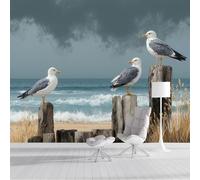 Fotomural Efecto Estacas Playa Gaviotas 3D Papel Tapiz, Animales Salvajes Naturales Decoración De La Pared Murales, Sala De Estar Dormitorio Papel Pintado 250 × 175 Cm