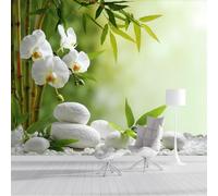 Fotomural Efecto Orquídeas Blancas Hojas Bambú 3D Papel Tapiz, Paisaje Natural Decoración De La Pared Murales, Sala De Estar Dormitorio Papel Pintado 300 × 210 Cm