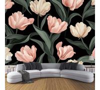 Fotomural Flores Elegantes 3D Pintura 350×256cm Tulipán Rosa Con Hojas Verdes Papel Pintado de Seda Fotográfico,Negro Decoración De la Pared Murales para Salón,Dormitorio,Habitación para Pared de TV