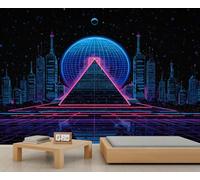 Fotomural Futurista Synthwave Cityscape 80s Retro Neon Art Decal para la sala de juegos/sala de estar, pirámide y globo decoración de pared 150x105cm (No es autoadhesivo)