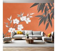Fotomural Hojas y flores de bambú 300 x 210 cm color naranja Papel Pintado Fotográfico Tejido No Tejido para Sala, Dormitorio u Oficina