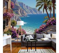 Fotomural, naturaleza, paisaje floral, no tejido, costa mediterránea, mural de pared moderno XXL, decoración de pared azul para salón/dormitorio, 430 cm x 300 cm, pegatinas - cuadro sin marco - póster
