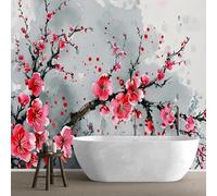 Fotomural - Papel pintado Flor de cerezo Dormitorio Japonés Gris Rosa Sala de estar Patrón Patrón floral asiático Decoración de pared, 350cmx256cm Póster - Adhesivo de pared - Cuadro sin marco