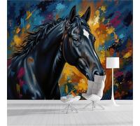 Fotomural Papel Pintado Para Pared Azul Oscuro Caballo De Graffiti Abstracto, Art Papel Tapiz Fotográfico Mural 300X210Cm Arte Animal Moderno Decoración De Pared Sala Cuarto Oficina Salón