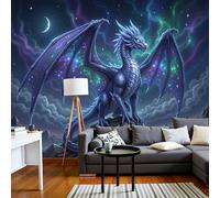 Fotomural Papel Pintado Para Pared Azul Profundo Misteriosa Constelación Dragón, Art Papel Tapiz Fotográfico Mural 400X280Cm Nocturno Montañas Decoración De Pared Sala Cuarto Oficina Salón