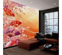 Fotomural Papel Pintado para Pared Estilo Japonés Abanico Flor De Cerezo Color Naranja, Art Papel Tapiz Fotográfico Mural 350x245 cm Moderna Decoración De Pared Sala Cuarto Oficina Salón