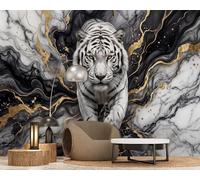 Fotomural - Papel pintado Tigre Blanco 3D Mármol Negro Oro No Tejido Mural de Pared Moderno Sala de Estar Dormitorio Comedor Decoración de Pared Motivo, 300cm x 210cm Póster - Adhesivo de Pared - Cuad