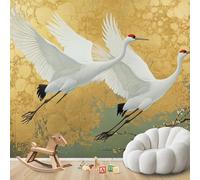 Fotomural - papel tapiz japonés para dormitorio, grullas asiáticas, dorado y verde, para sala de estar, decoración de pared oriental de lujo, 400 cm x 280 cm, póster - adhesivo de pared - imagen sin m