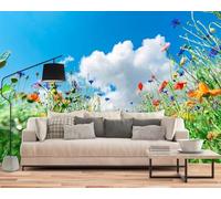 Fotomural - papel tapiz Prado de flores Cielo Flores silvestres coloridas Paisaje Moderno Pared Sala de estar Dormitorio Habitación infantil Decoración de pared Motivo, 430cmx300cm Póster - Adhesivo d
