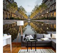 Fotomural Plaza Clásica de la Ciudad - Reflejos de Calles Tranquilas Decoración Imagen Papel pintado moderno gris no tejido para sala de estar y dormitorio, 300cmx210cm Pegatinas - Cuadro sin marco -