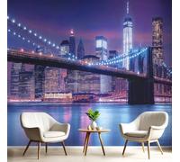 Fotomural Puente De Brooklyn 400x280cm papel pintado TNT, fotomural panorámico Vista Nocturna Del Horizonte De La Ciudad, Mural de Pared, Decoración de Pared para Salón y Habitación