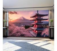 Fotomural Torre de estilo japonés y montaña nevada 300 x 210 cm Rojo Papel Pintado Fotográfico Tejido No Tejido para Sala, Dormitorio u Oficina