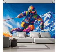Fotomurale 3D azul Ilustraciones de esquí Estilo de aventura 200x140cm Papel Pintado Fotográfico, Decoración De la Pared Murales para Salón, Dormitorio, Habitación para Niños, Pared de TV