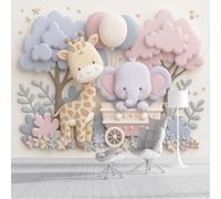 Fotomurale 3D Beige Aventura de fantasía Elefante Jirafa 450x356cm Papel Pintado Fotográfico, Decoración De la Pared Murales para Salón, Dormitorio, Habitación para Niños, Pared de TV
