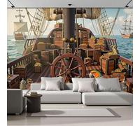 Fotomurale 3D marrón Monedas de oro de barco pirata Estilo de aventura 250x175cm Papel Pintado Fotográfico, Decoración De la Pared Murales para Salón, Dormitorio, Habitación para Niños, Pared de TV